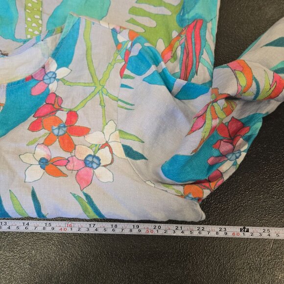 Sharon Young Linen Tropical Floral Print Womens Tunic Button Back & Ruched Sleev - Picture 7 of 9